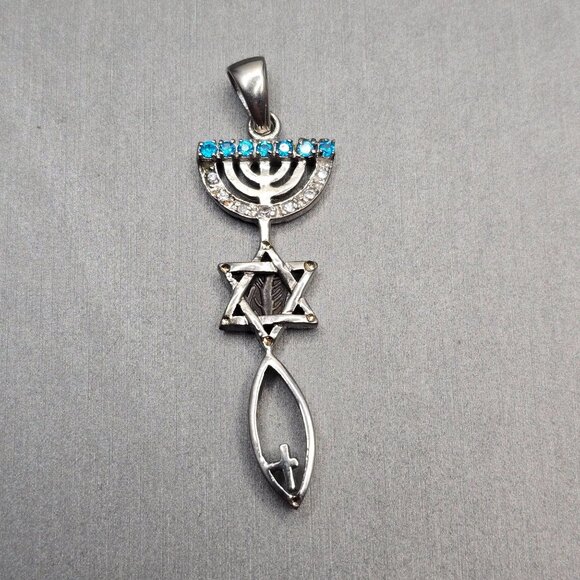 Artisan Made Jewelry - 925 Sterling Silver Messianic‑Style Pendant 2" Star Menorah Fish Symbol 3.88g